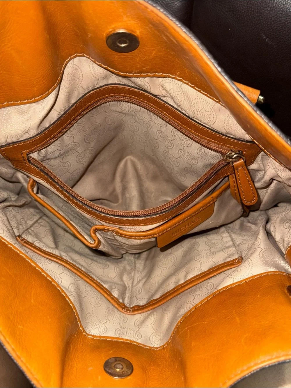 Michael Kors Brown Monogram Tote with Orange Leather Trim